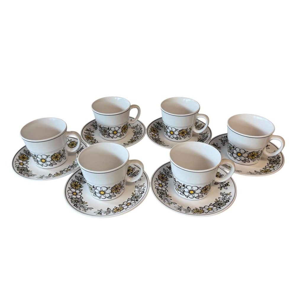 Vintage Noritake Tressa 9029 Cup Saucer Set Service for 6 1970s MCM Progression